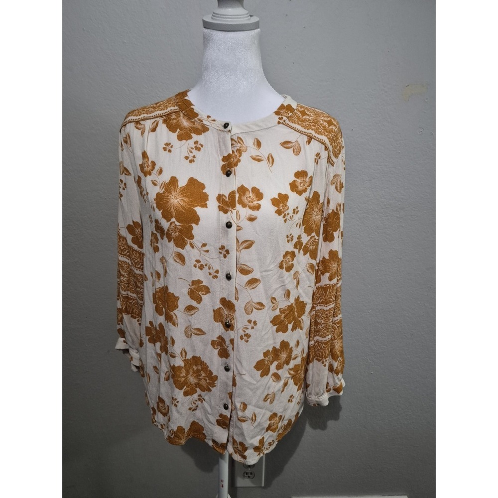 Garnet Hill Women's Lydia Border Print Button-Up Floral Blouse Top Sz Medium
